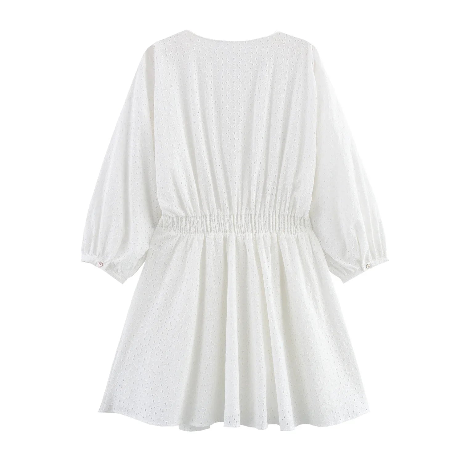 Womens Hollow Embroidery V Neck Lantern Sleeve Mini Dress