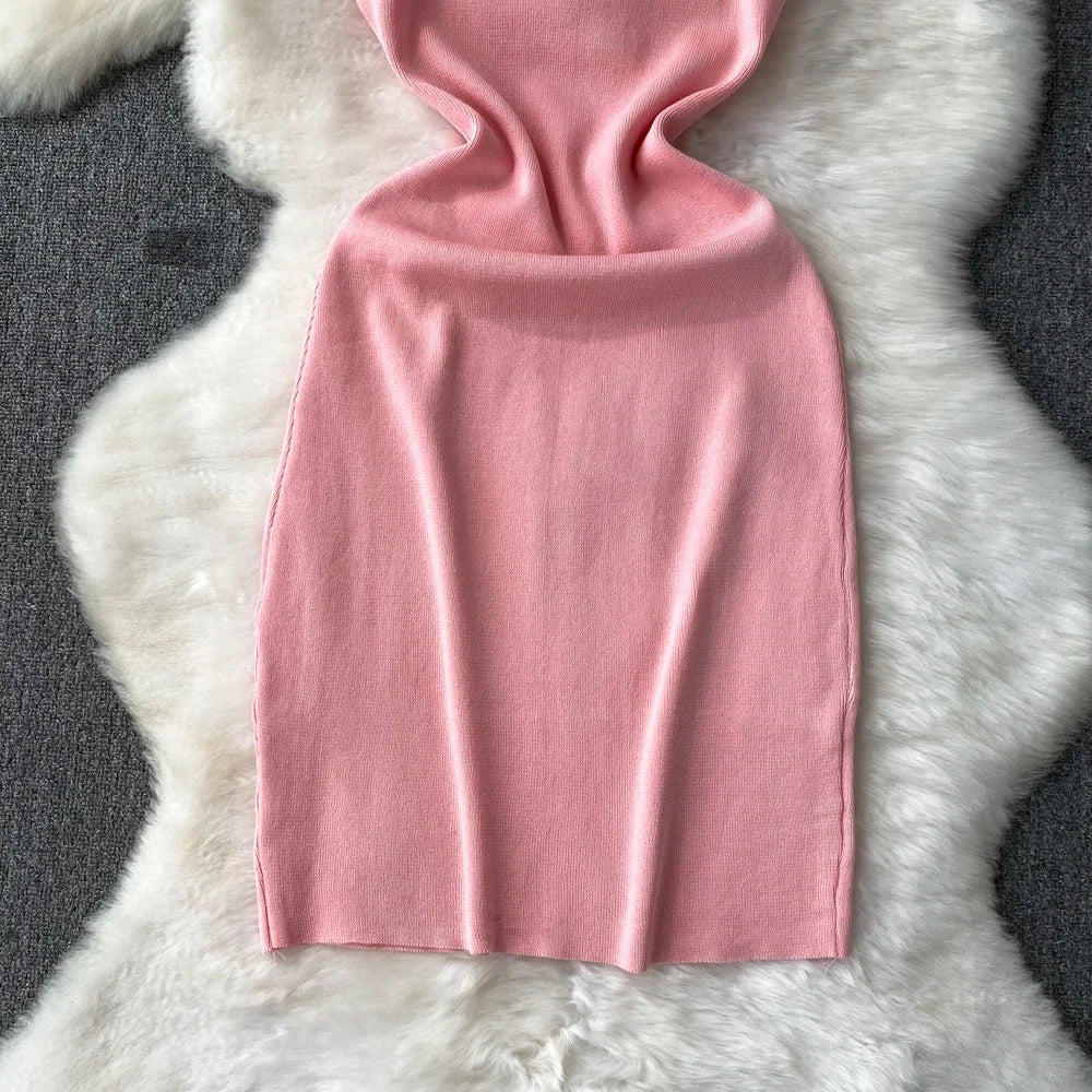 Pink Backless Summer Knit Bodycon Beach Dress for Women