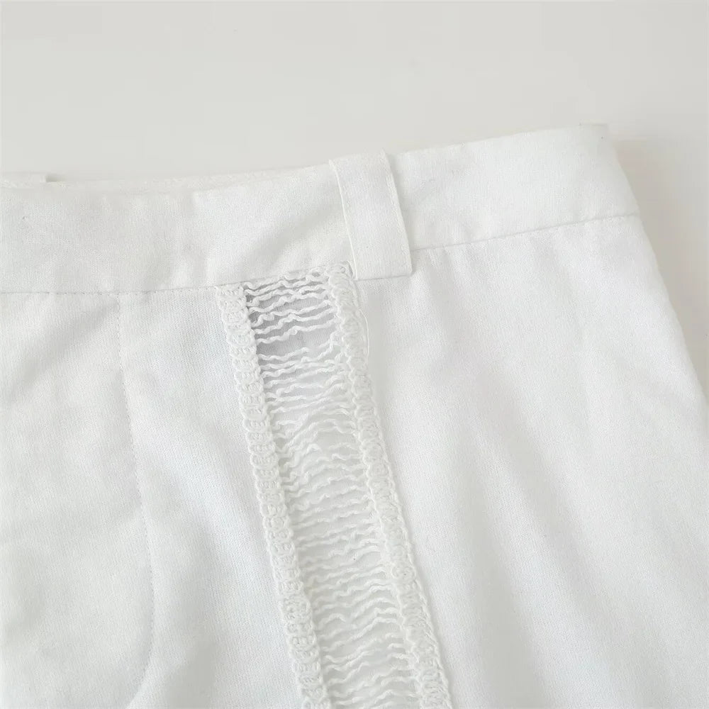 Women White Long Sleeve Blouse and Wide Leg Pants Set with Lace Trim Elegant Design