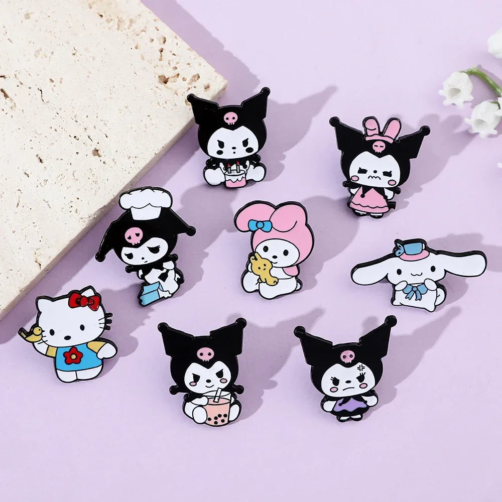 8 Pcs Hello Kitty Animal Brooch Set Cute Princess Kulomi Melody Lapel Pins Fashion Metal Badges for Backpack and Clothing Jewelry