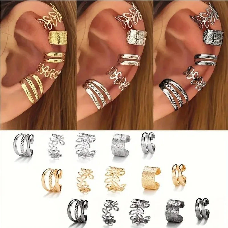 Hollow Leaf Design Clip On Earrings Set of 5 or 15 Zinc Alloy Jewelry for Women