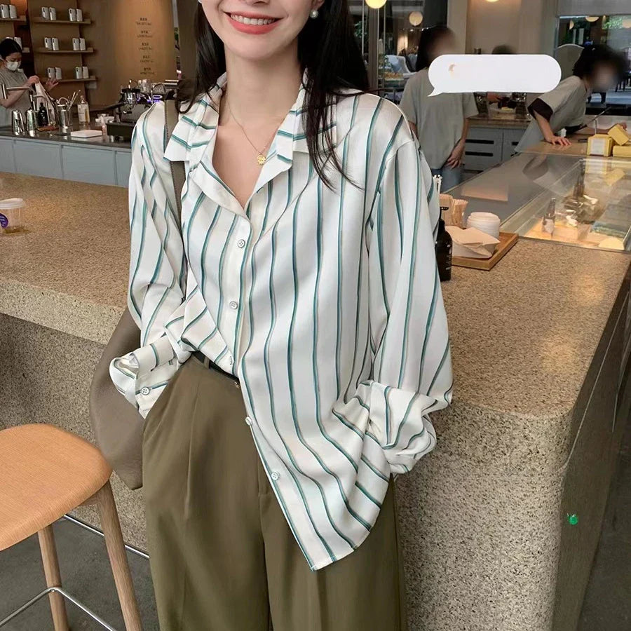 Vintage Striped Satin Women's Blouse Long Sleeve Turn-Down Collar Casual Loose Fit Shirt for Spring and Autumn