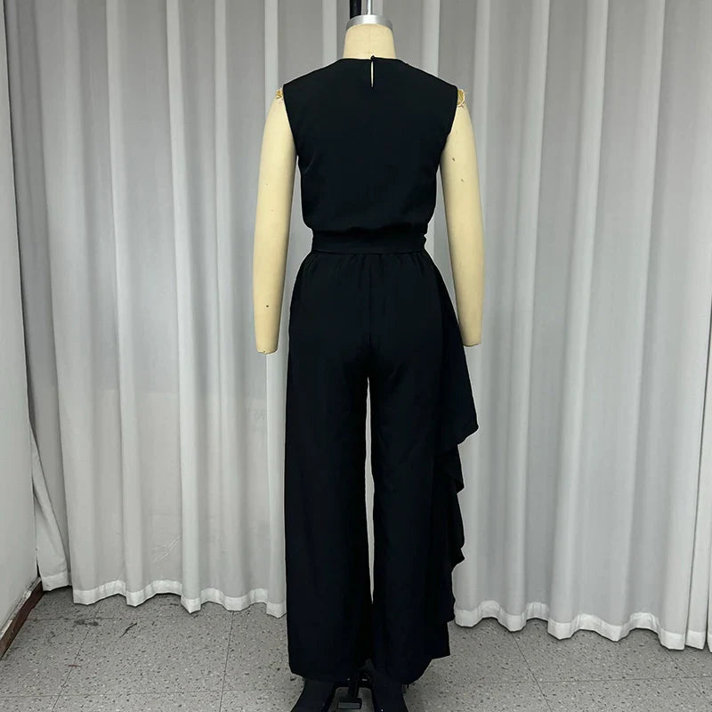 Casual Women's 2 Piece Set with Sleeveless Pullover Top and Ruffled Pants for Stylish High Street Look