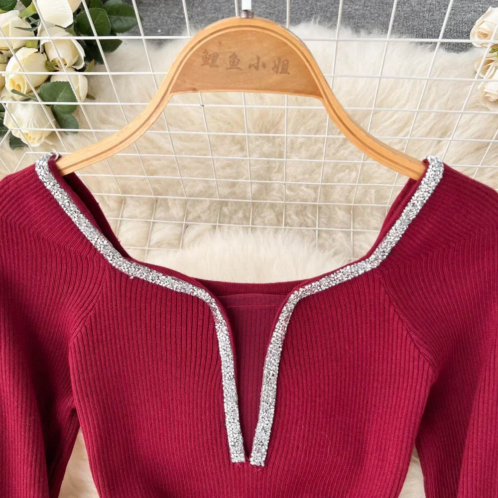 Knit Bodycon Dress For Women Long Sleeve Winter Sweater