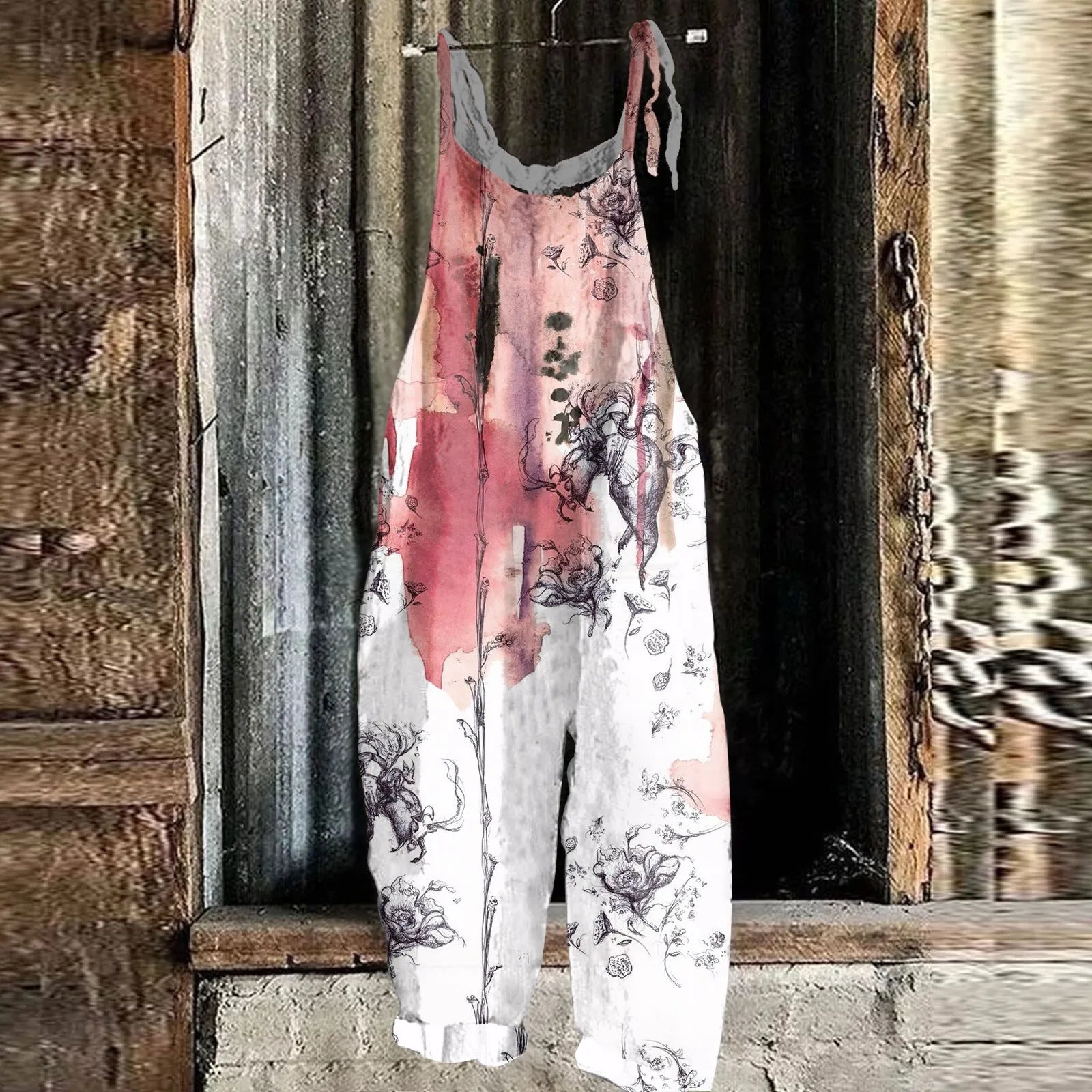 Women's Floral Print Cotton Linen Jumpsuit Loose Vintage Casual Shoulder Strap Romper