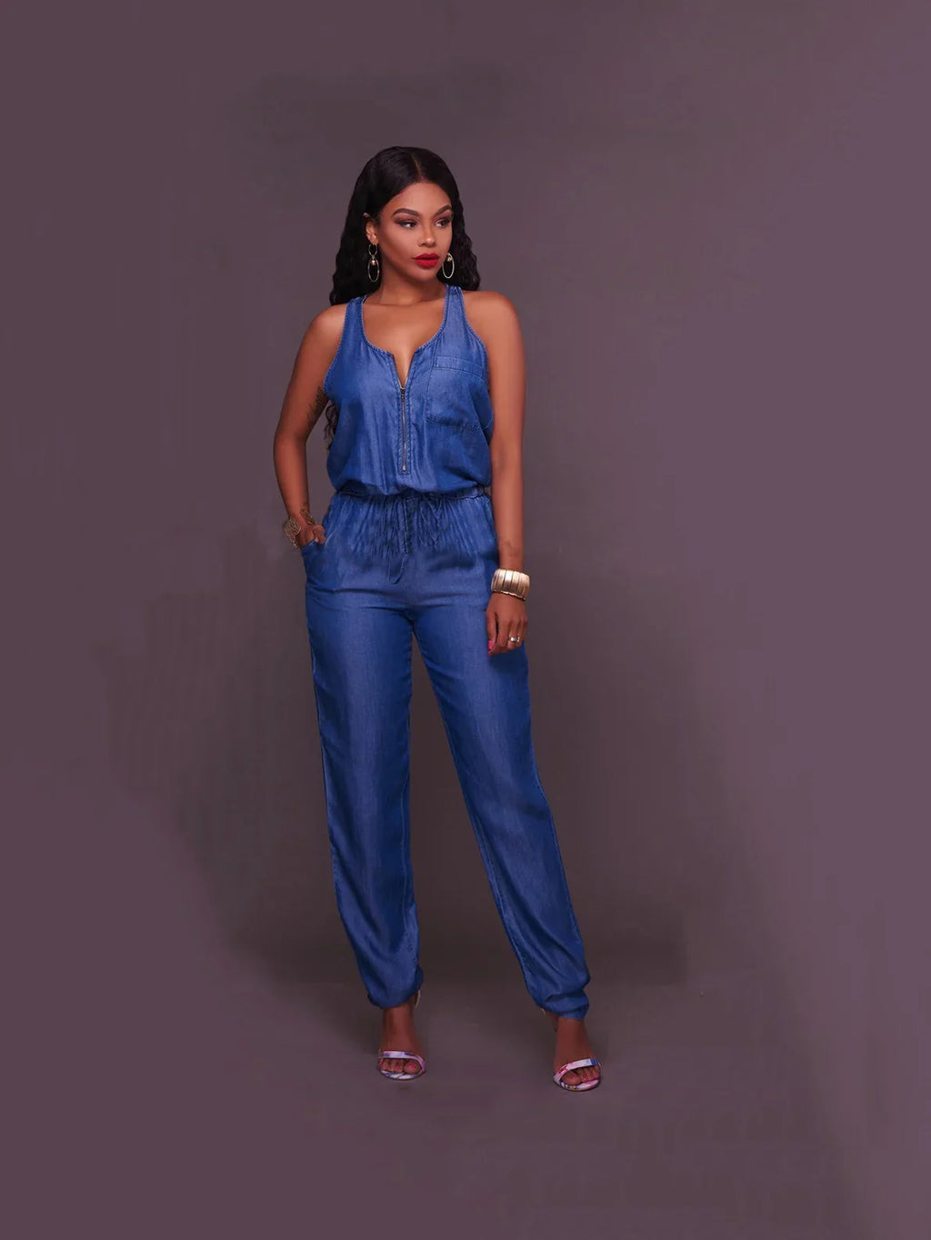 Womens Sleeveless Denim Jumpsuit Waist-Cinching Romper with Long Pants Stylish Summer Outfit