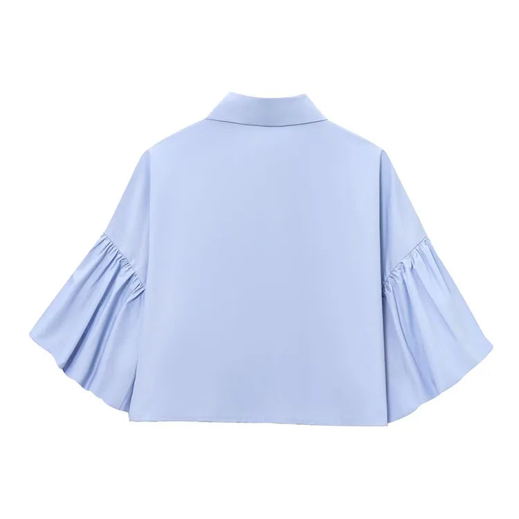 Women's Casual Short Shirt with Puff Sleeves Button Front Loose Blouse Chic Spring Top