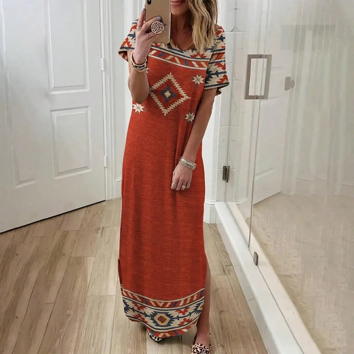 Ethnic Print Long Knit Dress With Short Sleeves Casual Wear