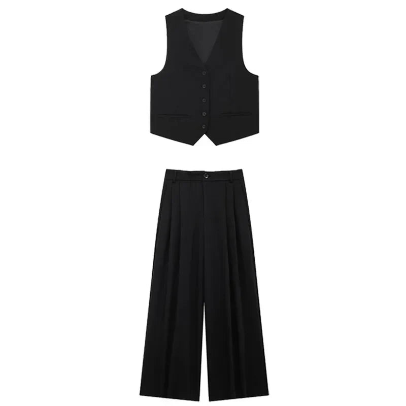 Solid Sleeveless V-Neck Vest and High Waist Zipper Loose Pants Set for Office and Casual Wear