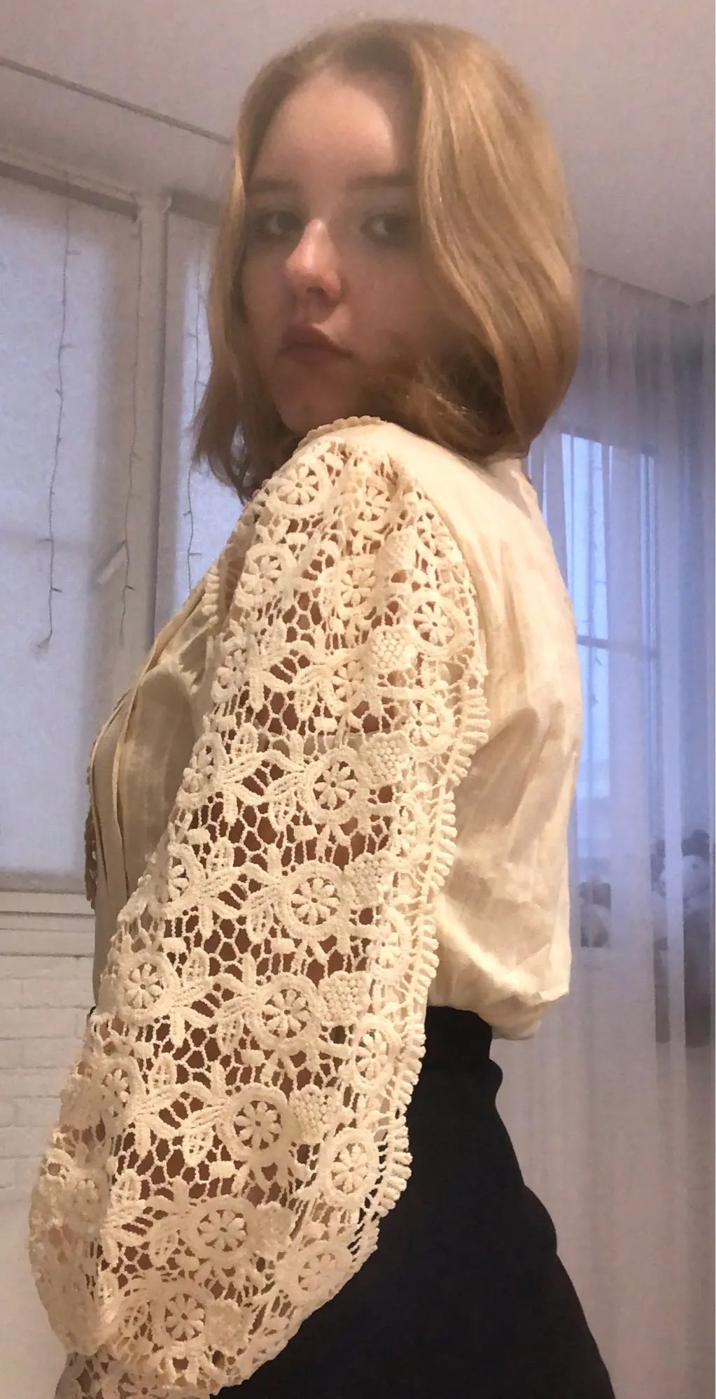 Elegant Hollow Out Long Sleeve Women Blouse with Petal Sleeves and Stand Collar, Stylish Office Shirt for Autumn Fashion