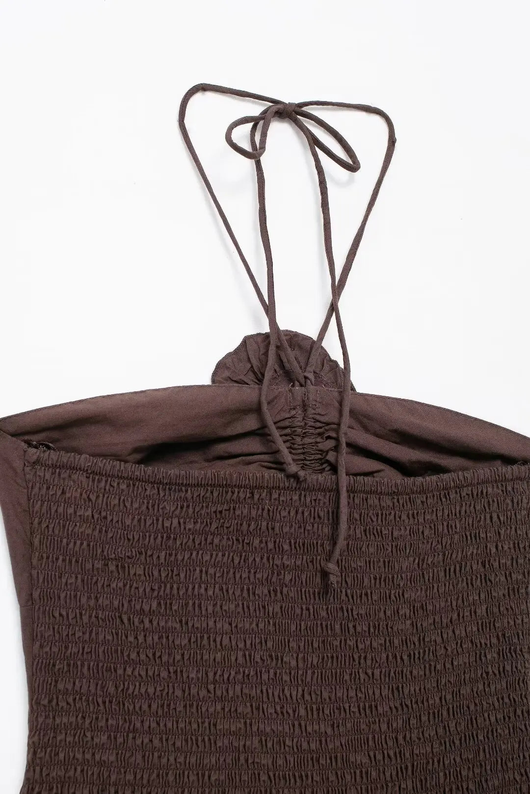 Brown Backless Halter Dress With Floral Embellishment