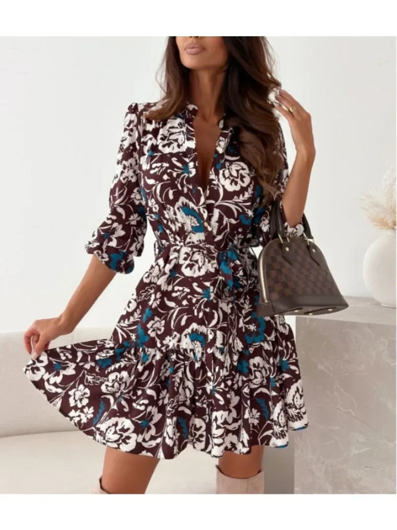 Womens Printed Shirt Dress With Belt Round Neck Long Sleeve