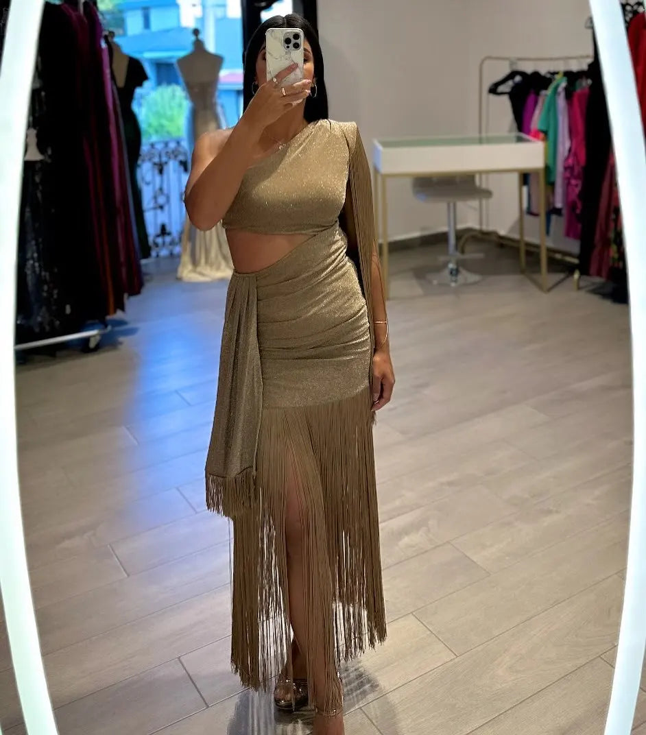 One Shoulder Diagonal Fringe Maxi Dress With Tassels