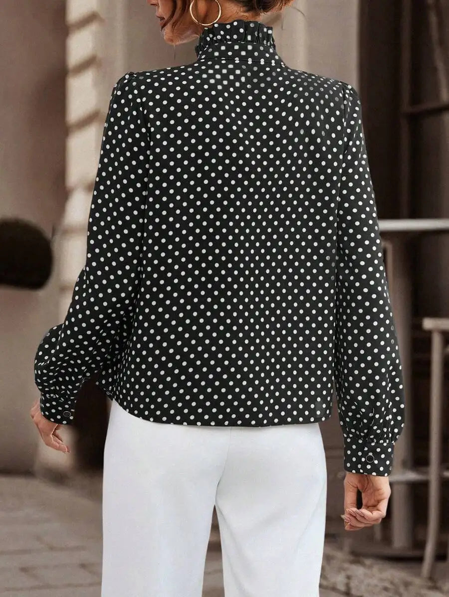 Long Sleeve Polka Dot Button Shirt for Women with Ruffle Detail Elegant Office Blouse Casual Fashion Top