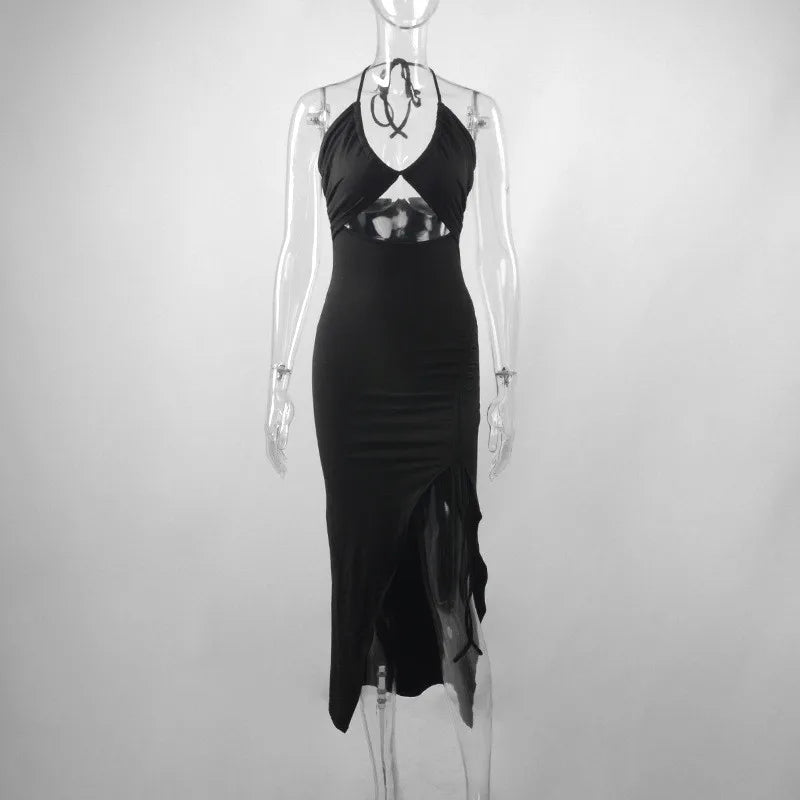 Black Backless Party Dress Halter Lace Up Hollow Out