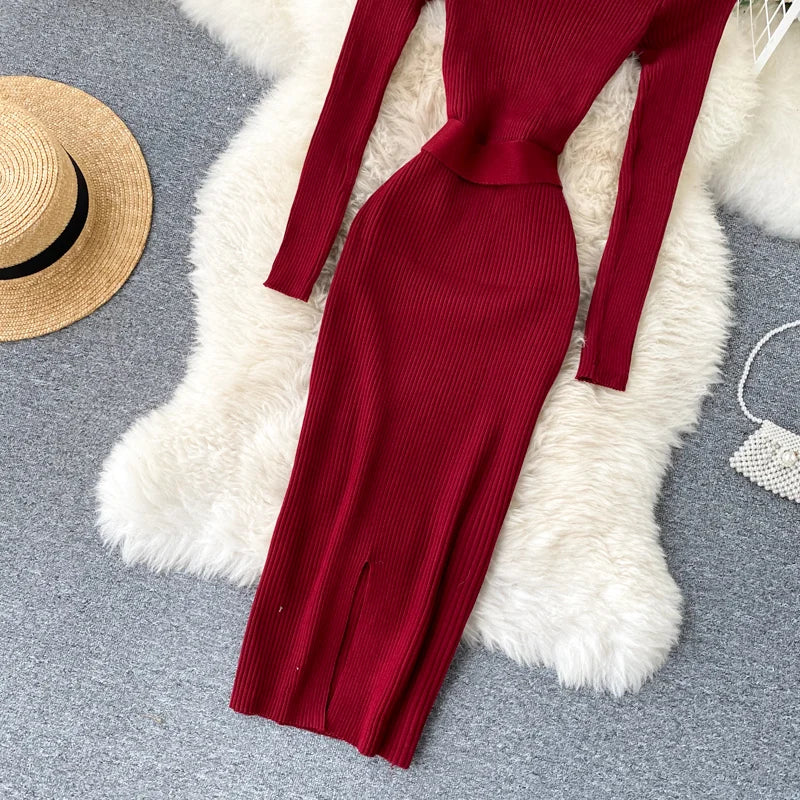 Womens Winter Knitted Dress Stand Collar With Sash Belt
