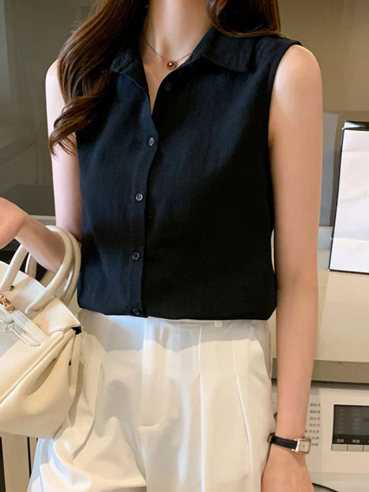 Sleeveless Turn-Down Collar Blouse for Women Elegant OL Style Workwear Shirt Lightweight Summer Top