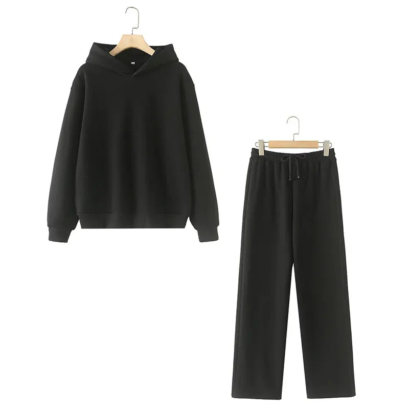 Chic Solid Hoodie and Wide Leg Trouser Set for Women with Elastic Waist and Lace-Up Detail Perfect for Casual and Commute Wear