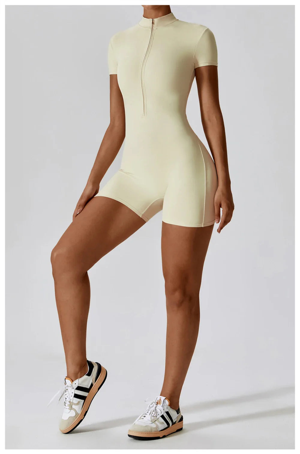 Womens Slim Fit Yoga Jumpsuit Short Sleeve Stretch One Piece Romper Zippered Fitness Playsuit in Solid Color