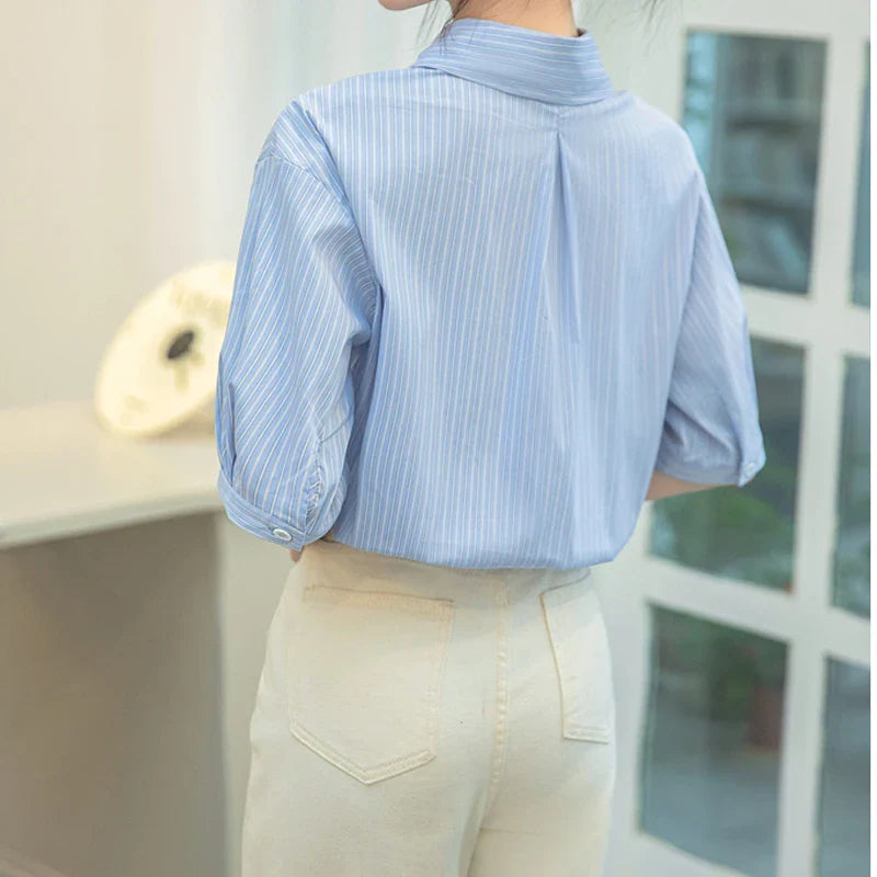 Women Casual Blue Stripe Short Sleeve Polo Collar Shirt Elegant Loose Office Blouse Single Breasted Summer Chic Top