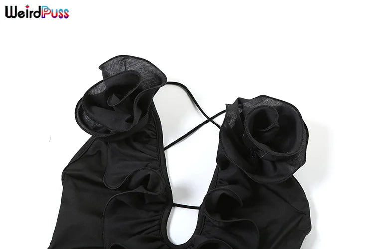 Weird Puss Blossoms Deep V-Neck Sleeveless Backless Jumpsuit for Women with Elastic Mesh Patchwork Skinny Stretch Flare Overalls