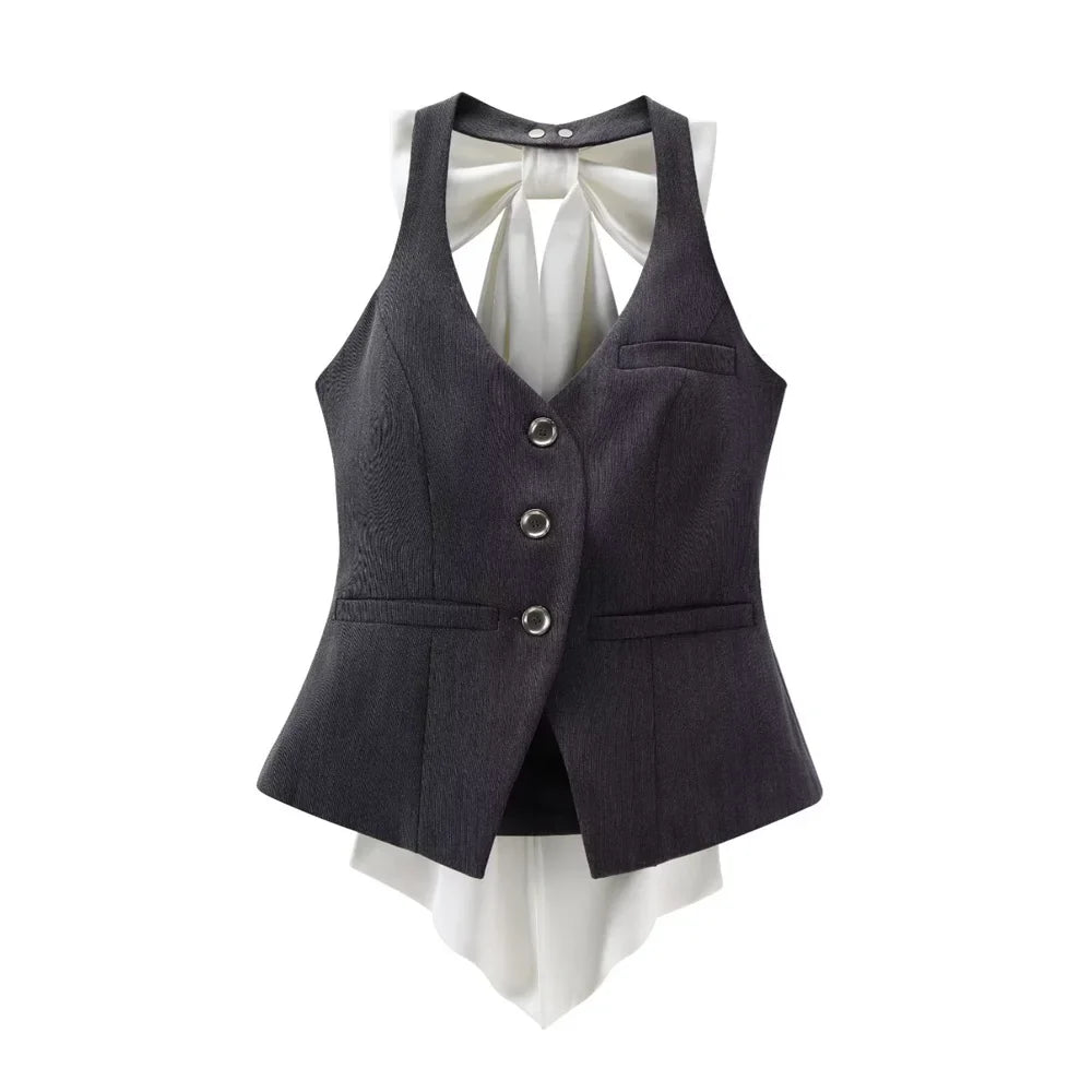 Women's Detachable Butterfly Knot Back Hanging Neck Vest with Pleated Skirt and Pants Set Spring Summer Fashion Ensemble