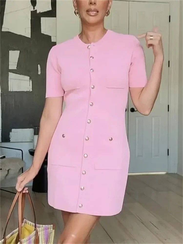 Ribbed Pocket Knit Dress For Women High Waist Mini Chic