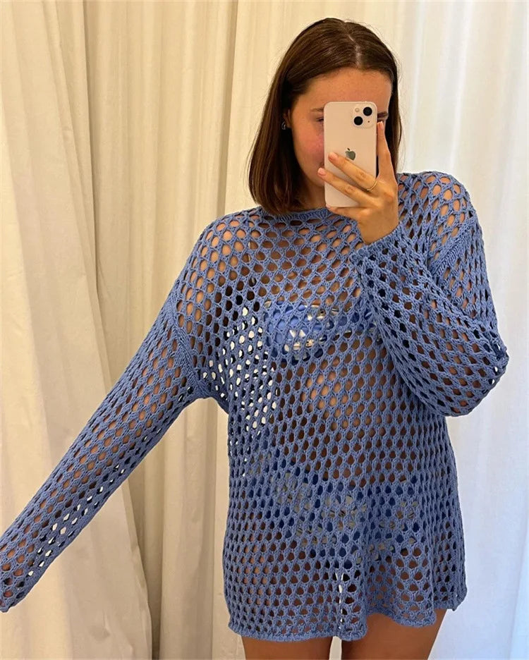 Knit Hollow Out Beach Cover Up Dress See Through For Women