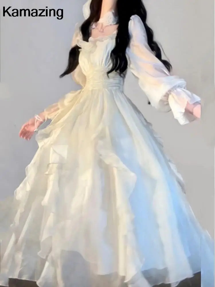 Korean Fashion Ruffles Midi Dress A Line Waist Party Dress