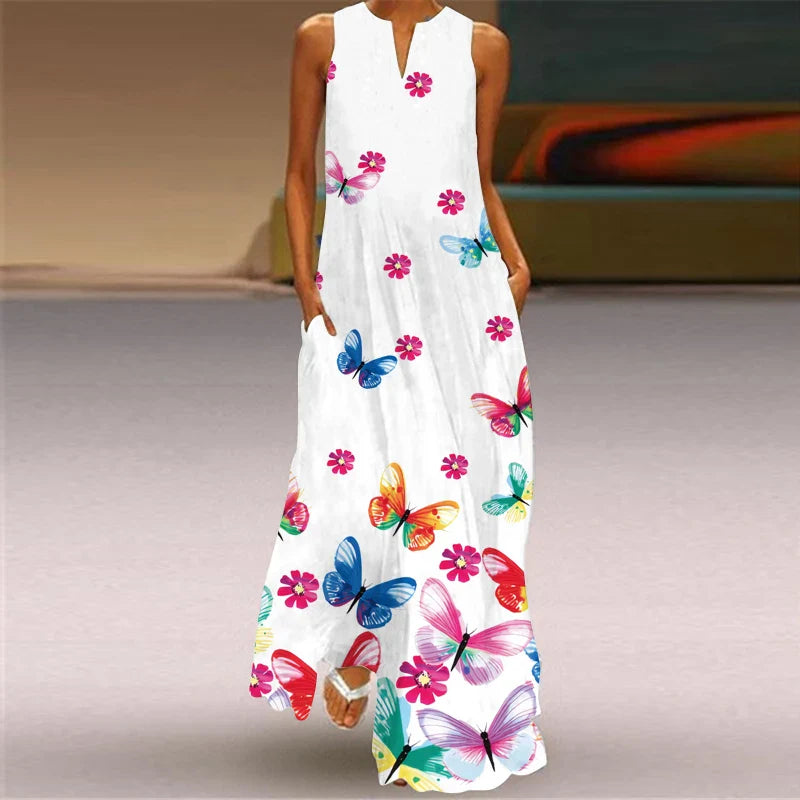 Womens Sleeveless V Neck Printed Maxi Dress For Summer