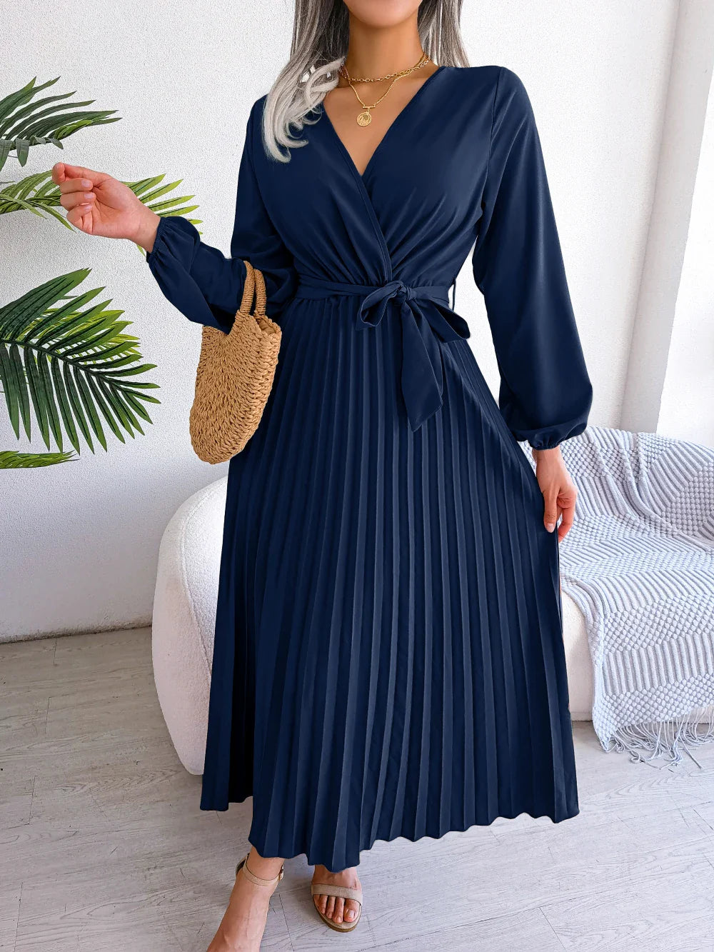 Elegant Surplice Neck Pleated Maxi Dress With Belt Flair