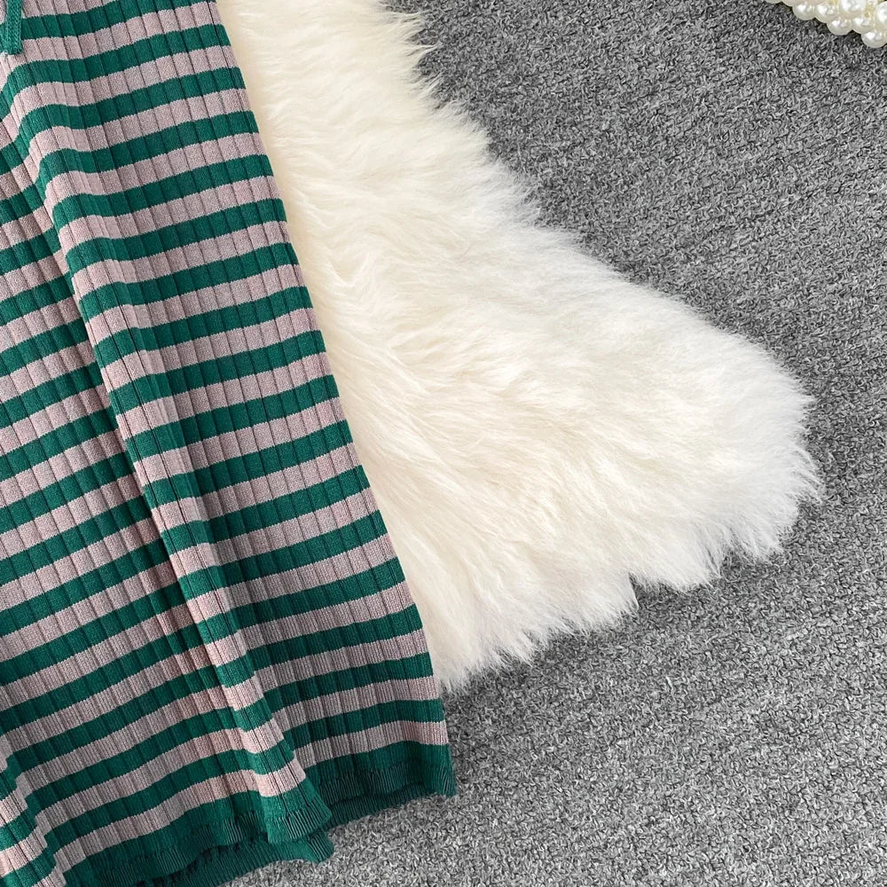 Retro Striped Maxi Dress For Women O Neck Ruched Casual