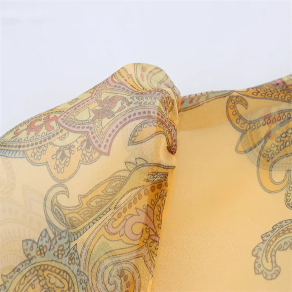 Womens Sheer Chiffon Blouse with High Neckline Puff Long Sleeves and Paisley Print Button Front Design