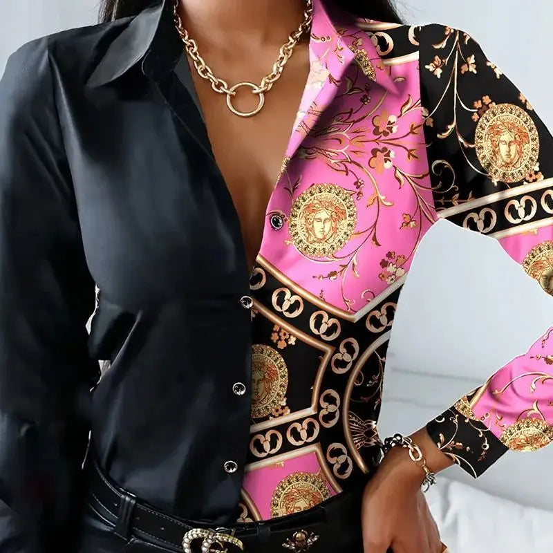 Women's Long Sleeve Blouse with Turn-Down Collar Featuring Chain Floral Letter and Geometric Square Prints