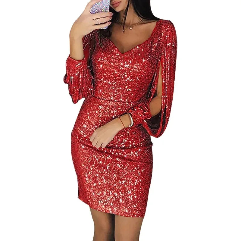 Tassel Mini Dress With V Neck And Three Quarter Sleeve