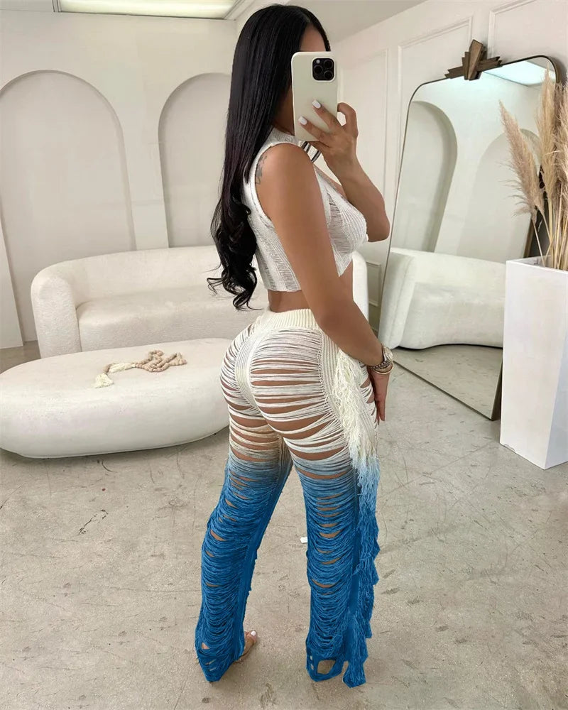 Gradient Color Crochet Two Piece Set for Women Summer Beach Vacation Outfit with Crop Top and Wide Leg Pants