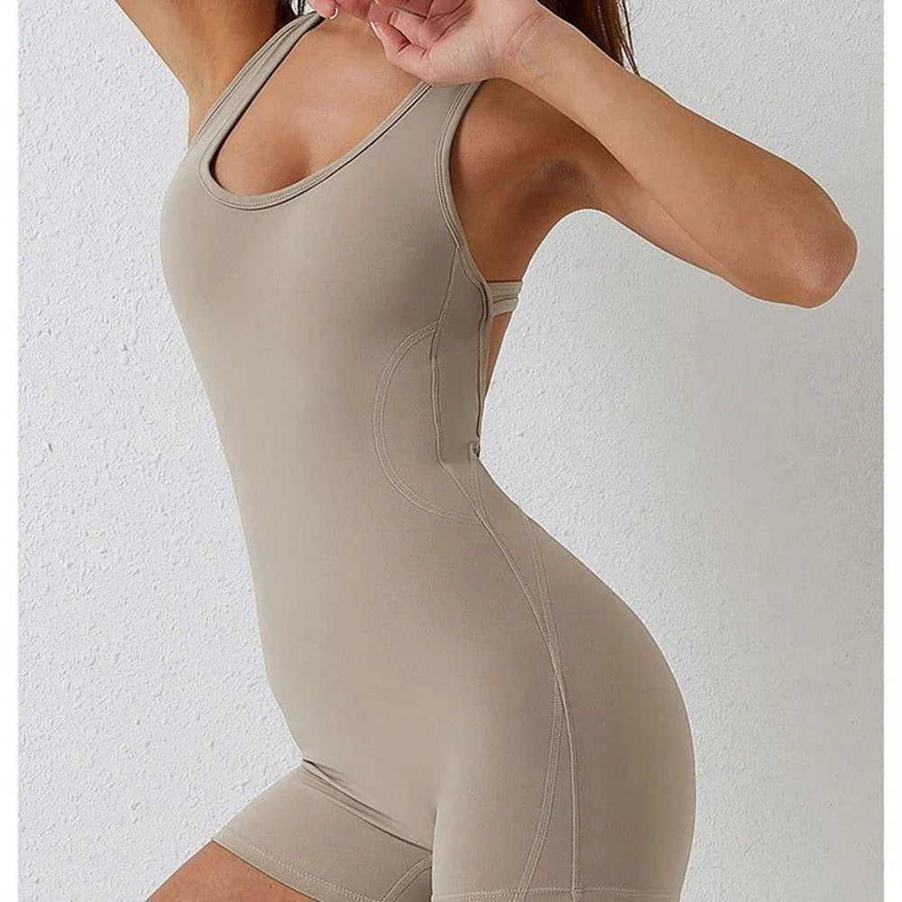 Women Sleeveless Yoga Playsuit Low Neck Slim Fit Stretch Short Jumpsuit with Chest Pads One Piece Romper Sportwear