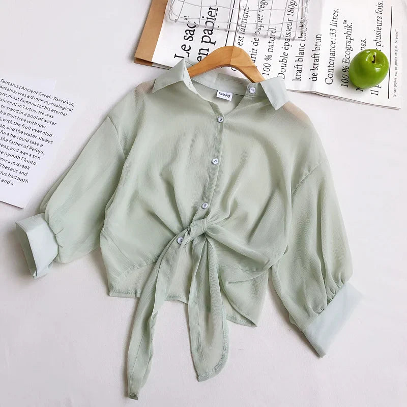 Women Buttoned Up Chiffon Blouse Tied Waist Crop Top Office Lady Shirt Thin and Lightweight