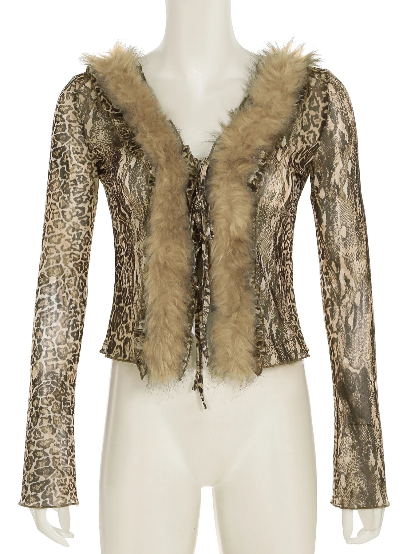 Casual Leopard Fur Trim Sheer Mesh V-Neck Long Sleeve Slim Bandage Blouse for Women