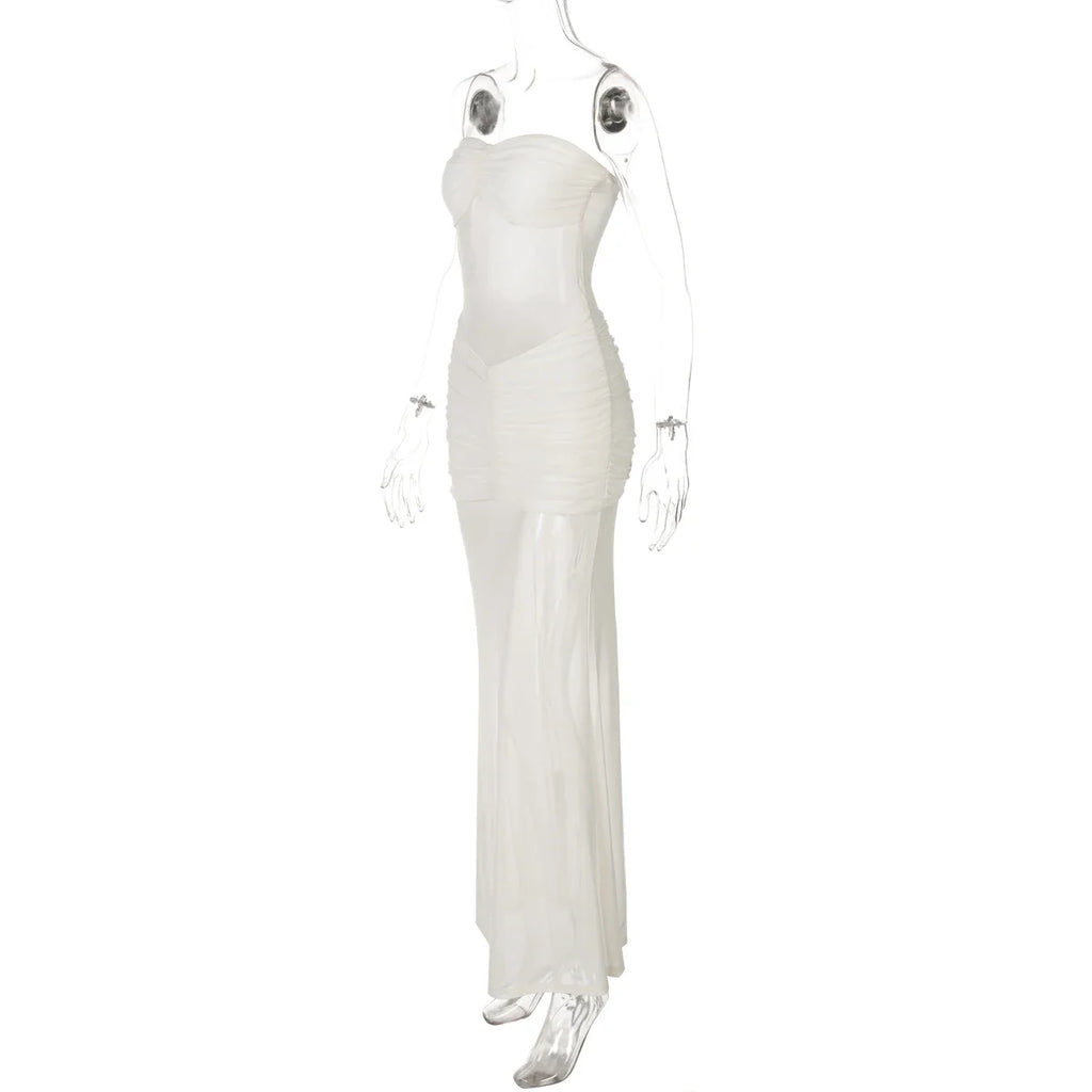 Backless Maxi Dress Sleeveless Bodycon Ruched Mesh Elegant