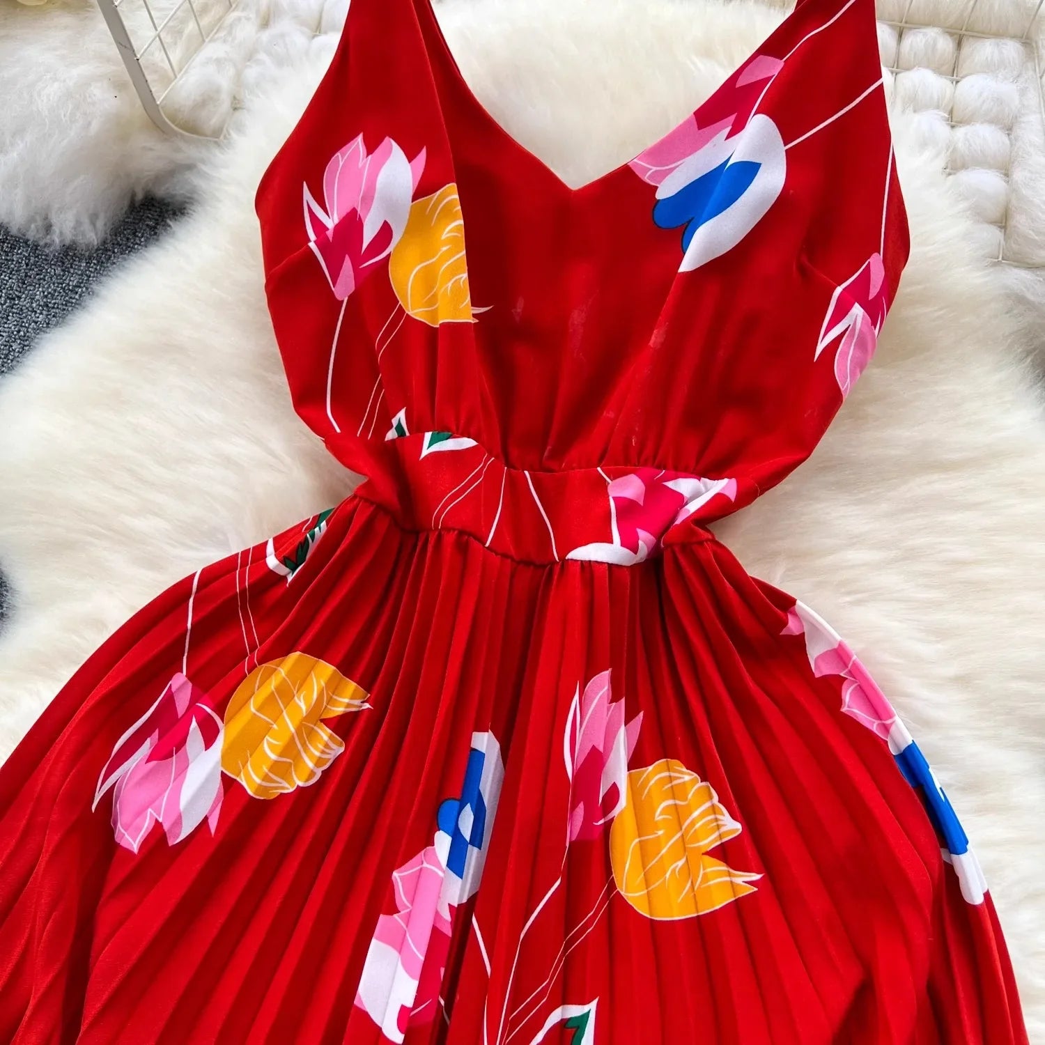 Floral Print Maxi Dress High Waist Spaghetti Strap Backless