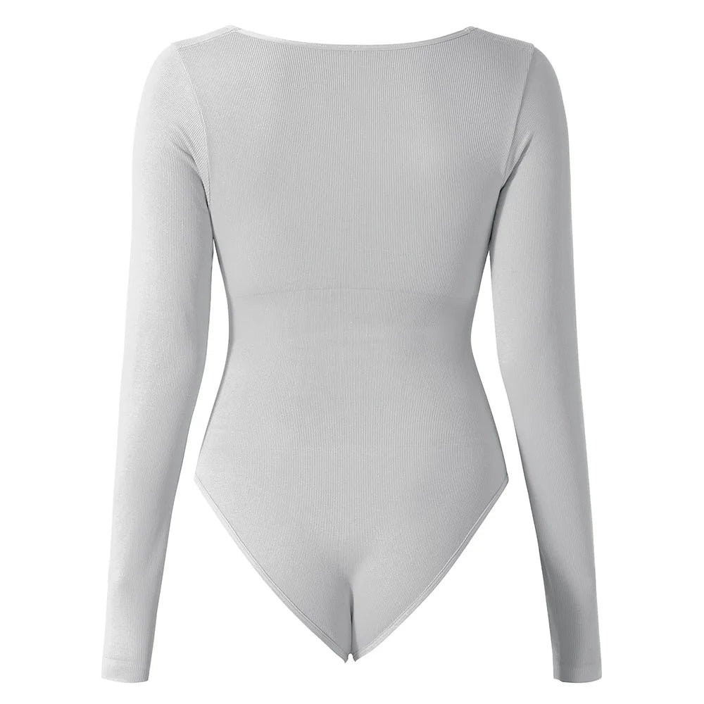 Sexy Long Sleeve Bodysuit for Women Skinny Bodycon V-Neck Push Up Romper Streetwear Jumpsuit