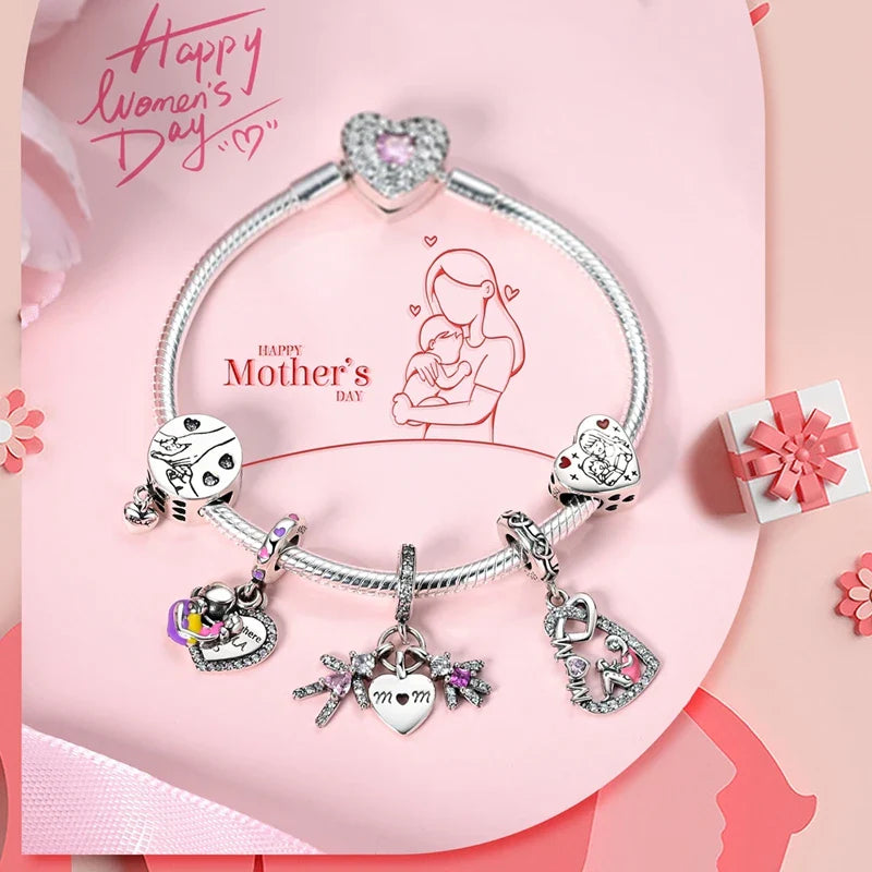 925 Sterling Silver Love Heart Family Charm Bead Pendant for Women's Bracelet Jewelry Gift