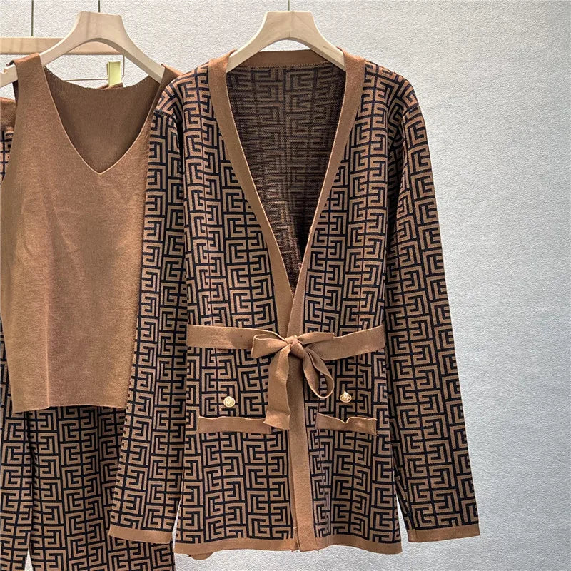 Women's 3 Piece Knitted Tracksuit Set with Cardigan, Vest and Wide Leg Pants