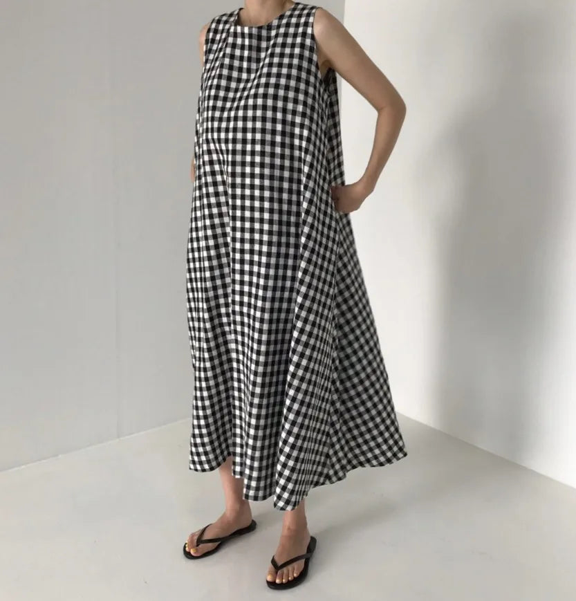 Vintage Plaid Tank Dress for Women High Waist O Neck