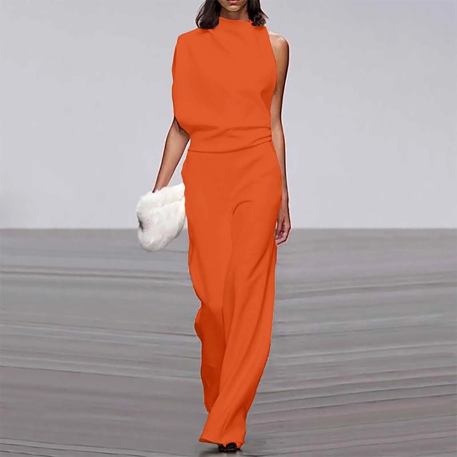 Women Fashion Long Sleeveless Rompers High Neck Wide Leg Overalls Vintage Style Waisted Playsuit Summer Jumpsuit