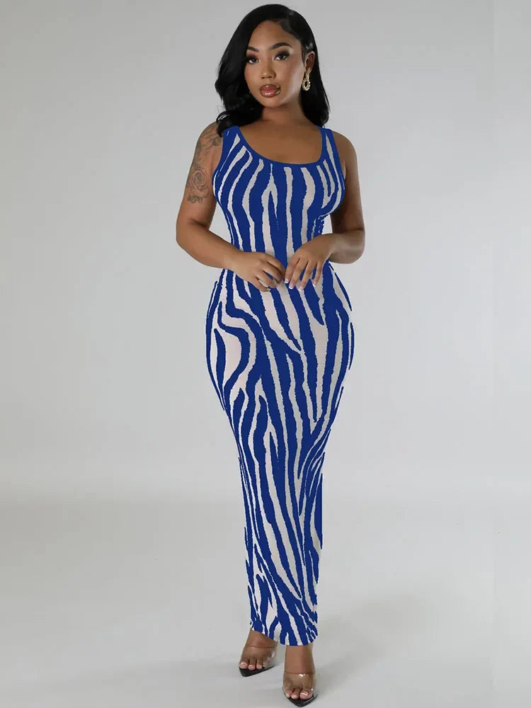 Zebra Print Bodycon Maxi Dress Ruched Sleeveless Party