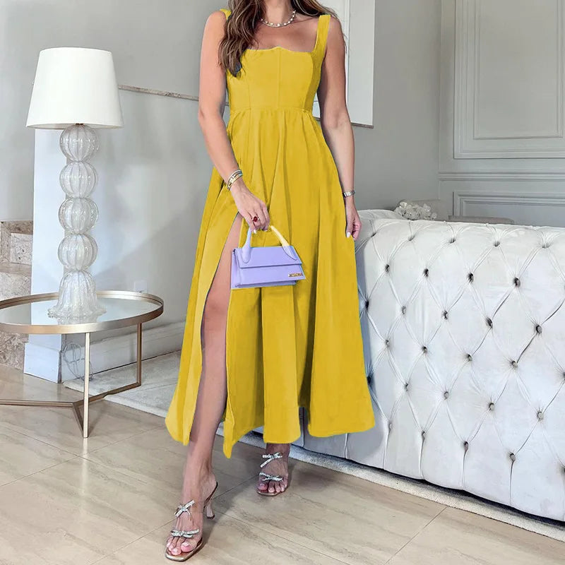 Spaghetti Strap Midi Dress With Side Slit And High Waist