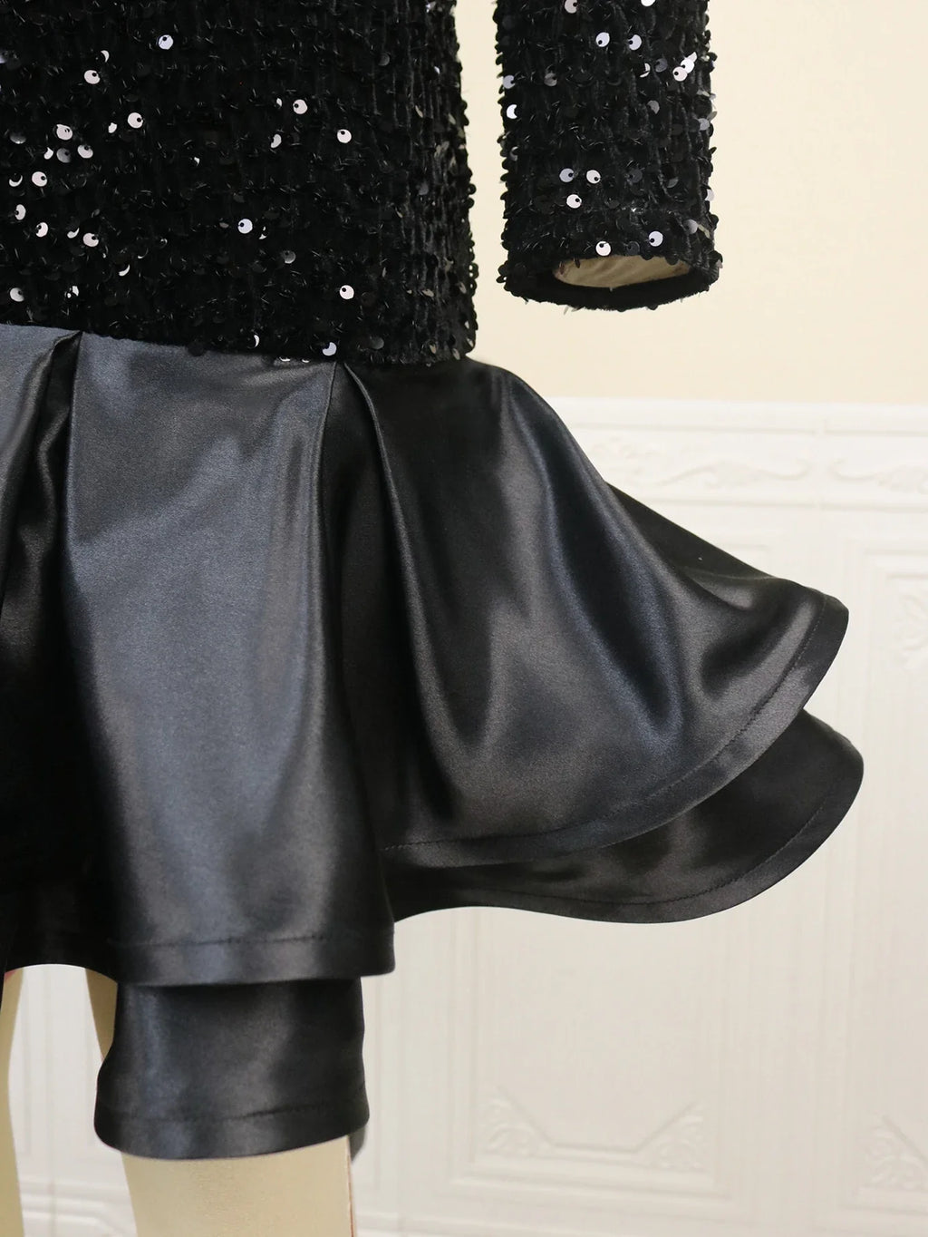 Black Velvet Sequin Dress Deep V Neck Patchwork Ruffle Gown