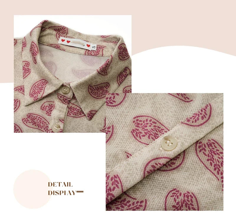 Women Printed Long Sleeve Blouse Turn-Down Collar Button-Up Cardigan Shirt Casual Office Top Vintage Autumn Fashion